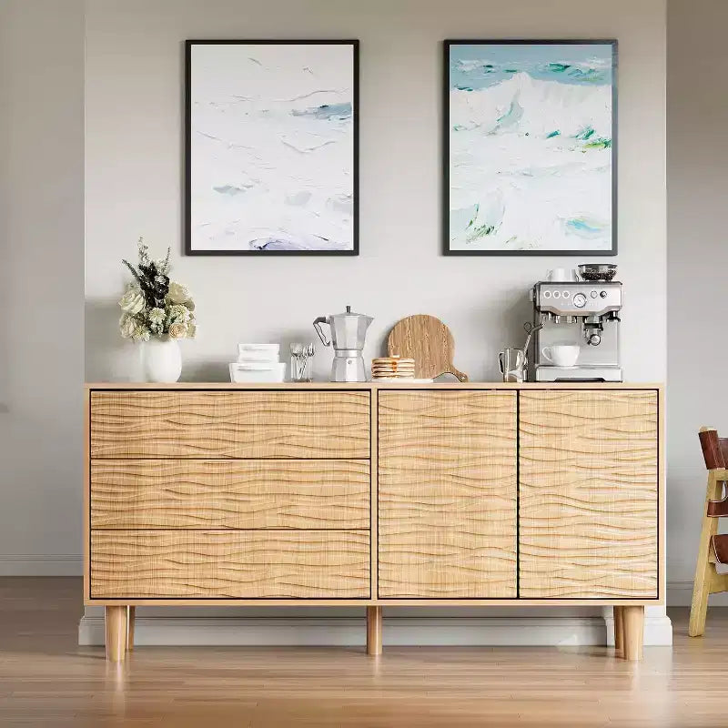 Acekool 61 Buffet Mid-Century - Bahut en Bois Naturel avec 3 Tiroirs, 2 Portes et Design Vague pour Salle à Manger, Cuisine