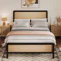 Coolmee Full/Queen Rattan Platform Bed, Bed Frame with Natural Rattan Headboard and Footboard, Metal Bed Frame with Under Bed Storage