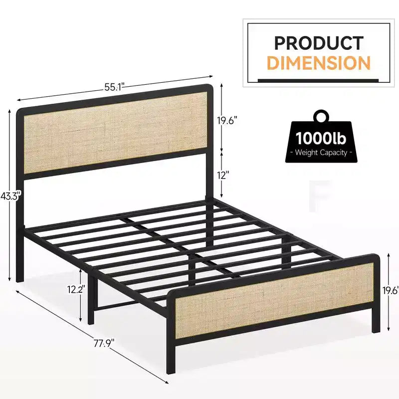 Lit plateforme en rotin Coolmee, grand lit/lit queen-size, cadre de lit avec tête et pied de lit en rotin naturel, cadre de lit en métal avec rangement sous le lit
