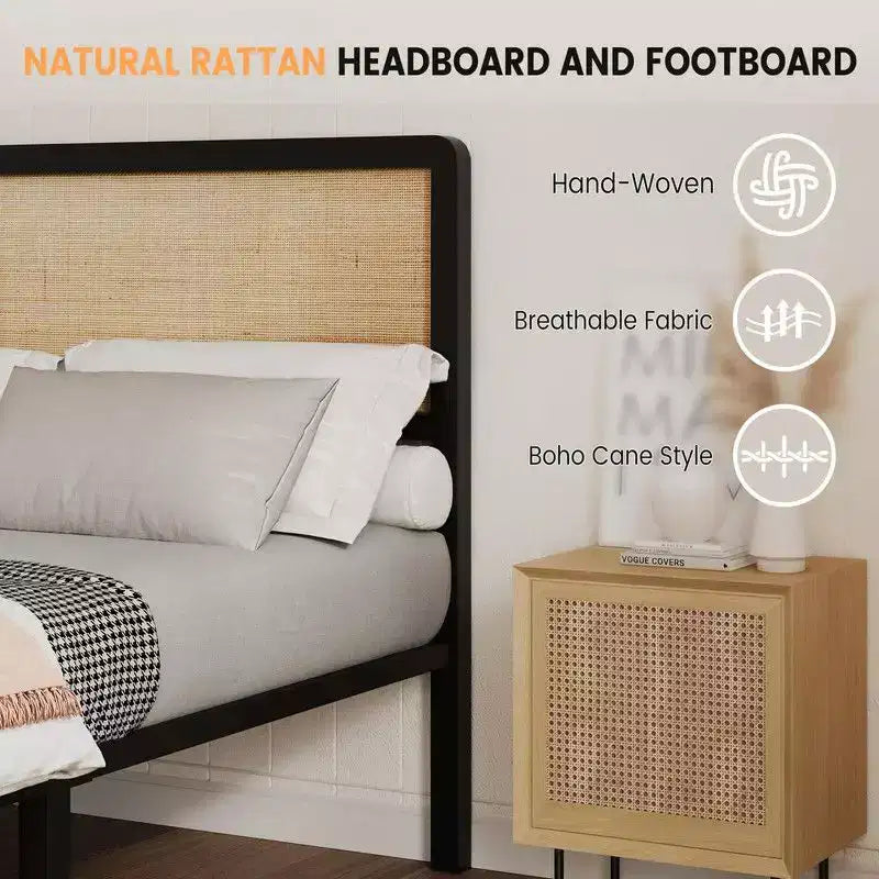 Lit plateforme en rotin Coolmee, grand lit/lit queen-size, cadre de lit avec tête et pied de lit en rotin naturel, cadre de lit en métal avec rangement sous le lit