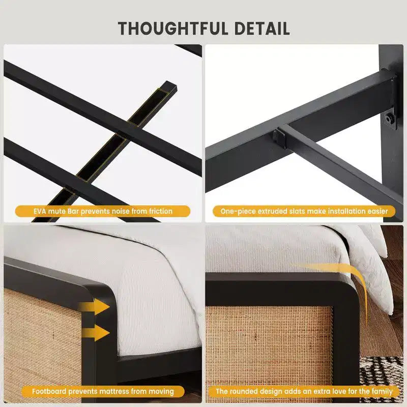 Lit plateforme en rotin Coolmee, grand lit/lit queen-size, cadre de lit avec tête et pied de lit en rotin naturel, cadre de lit en métal avec rangement sous le lit