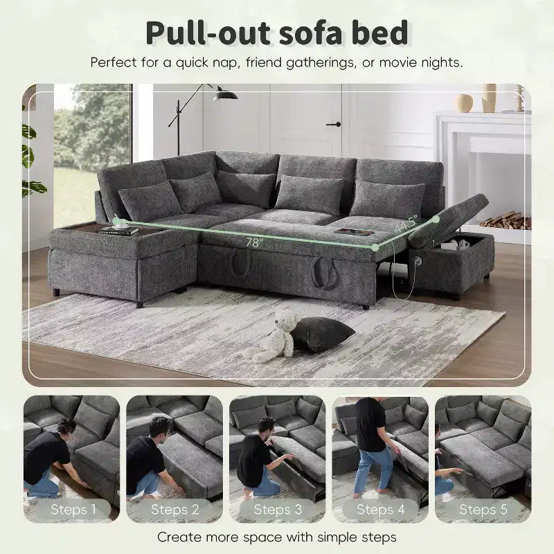 Canapé d'angle modulaire surdimensionné en chenille Polibi avec lit gigogne