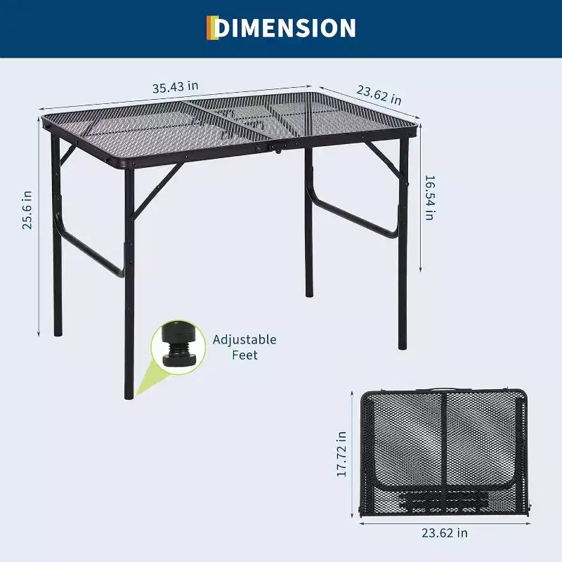 Acekool Table de cuisson pliante 91 x 61 cm avec plateau en maille, table de camping portable en métal à hauteur réglable pour barbecue, pique-nique, cuisine en plein air, noire