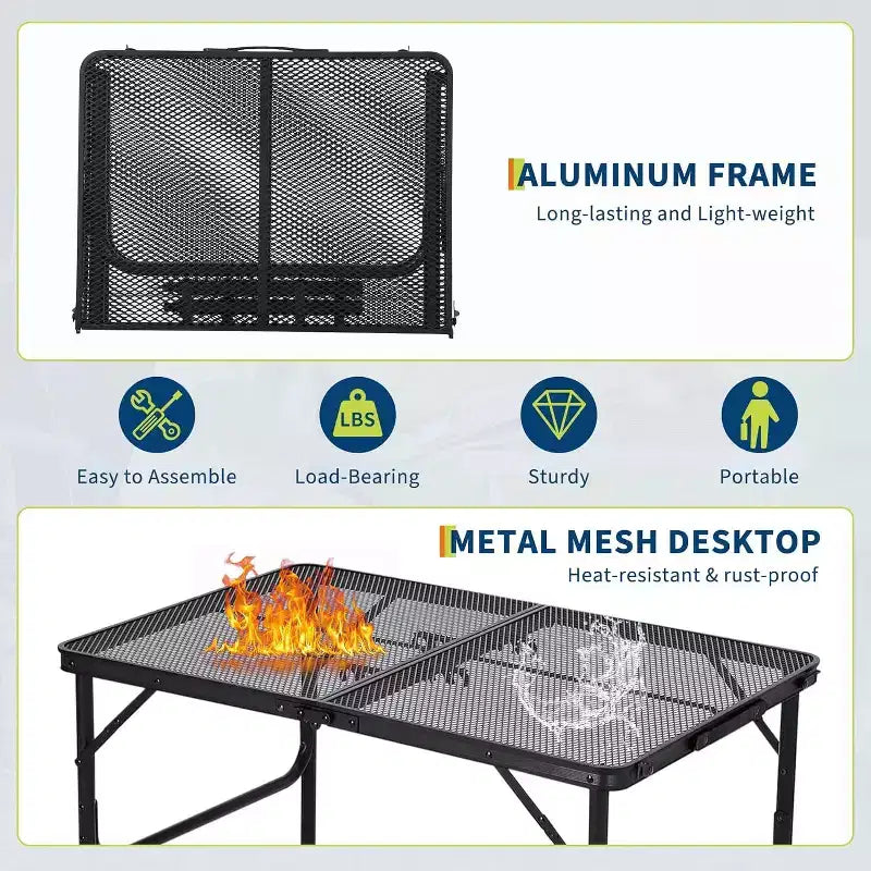 Acekool Table de cuisson pliante 91 x 61 cm avec plateau en maille, table de camping portable en métal à hauteur réglable pour barbecue, pique-nique, cuisine en plein air, noire