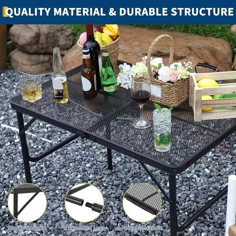 Acekool Table de cuisson pliante 91 x 61 cm avec plateau en maille, table de camping portable en métal à hauteur réglable pour barbecue, pique-nique, cuisine en plein air, noire