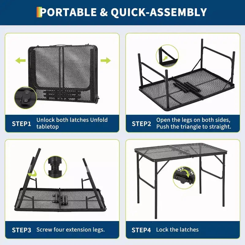 Acekool Table de cuisson pliante 91 x 61 cm avec plateau en maille, table de camping portable en métal à hauteur réglable pour barbecue, pique-nique, cuisine en plein air, noire
