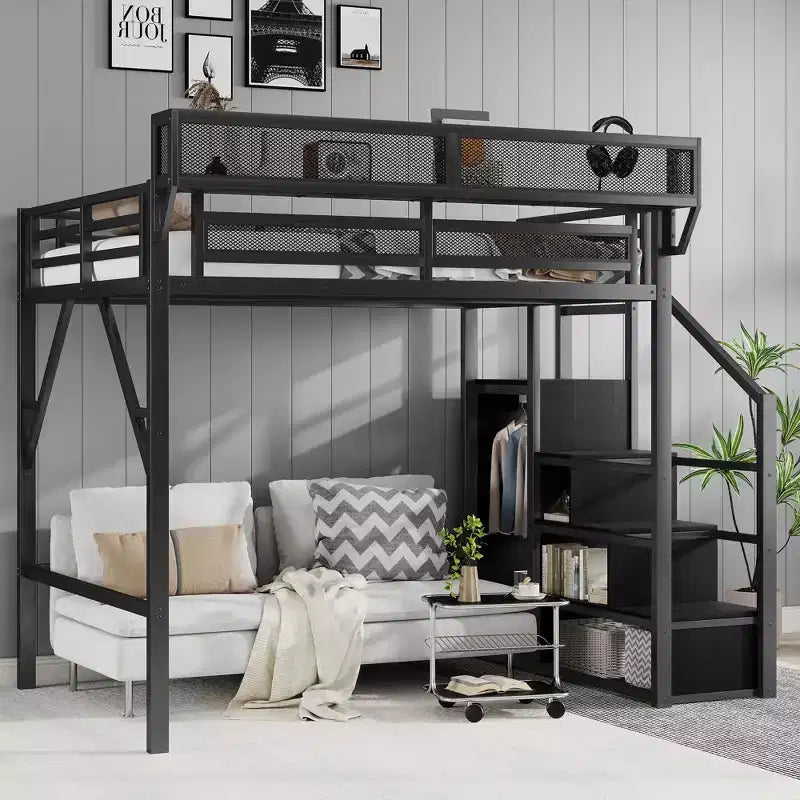 Lit mezzanine en métal noir pleine grandeur avec escalier, étagères de rangement et lit mezzanine haut avec armoire pour enfants et adolescents