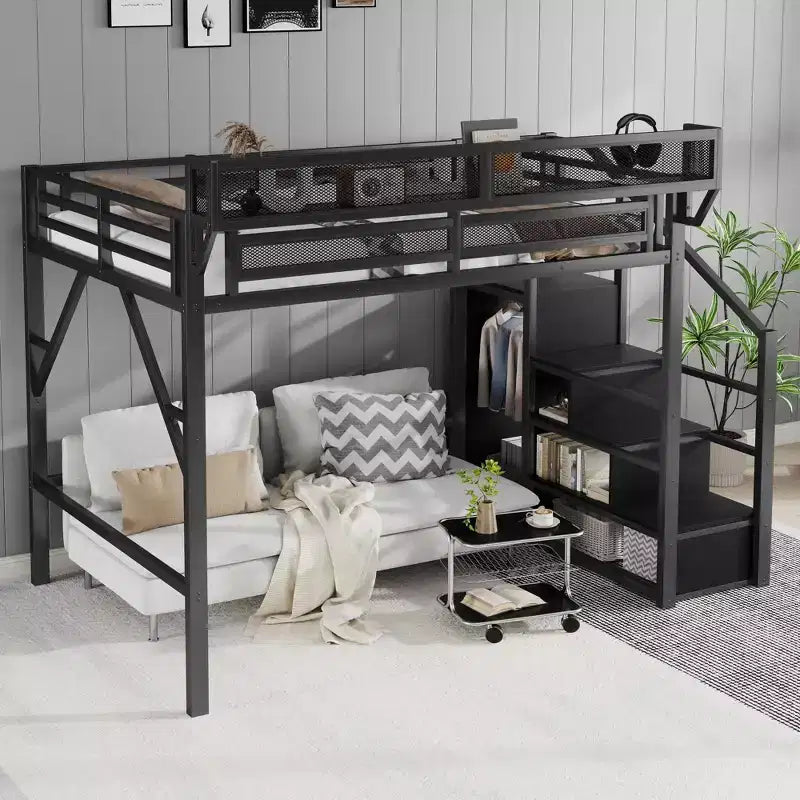 Lit mezzanine en métal noir pleine grandeur avec escalier, étagères de rangement et lit mezzanine haut avec armoire pour enfants et adolescents
