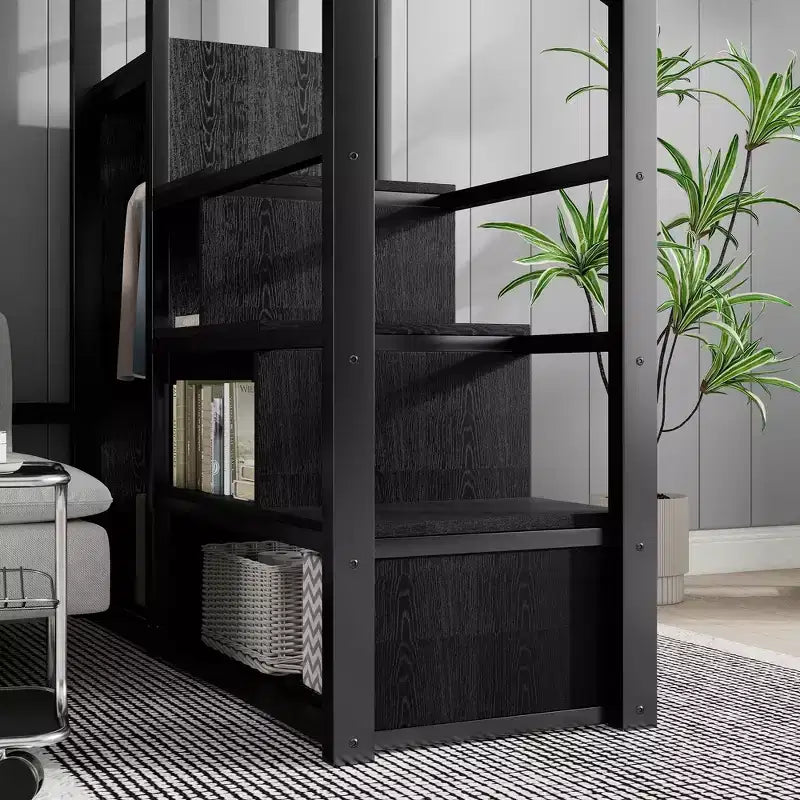 Lit mezzanine en métal noir pleine grandeur avec escalier, étagères de rangement et lit mezzanine haut avec armoire pour enfants et adolescents