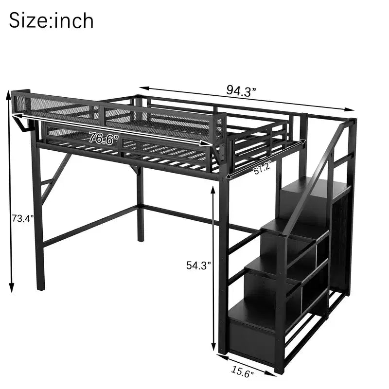 Lit mezzanine en métal noir pleine grandeur avec escalier, étagères de rangement et lit mezzanine haut avec armoire pour enfants et adolescents