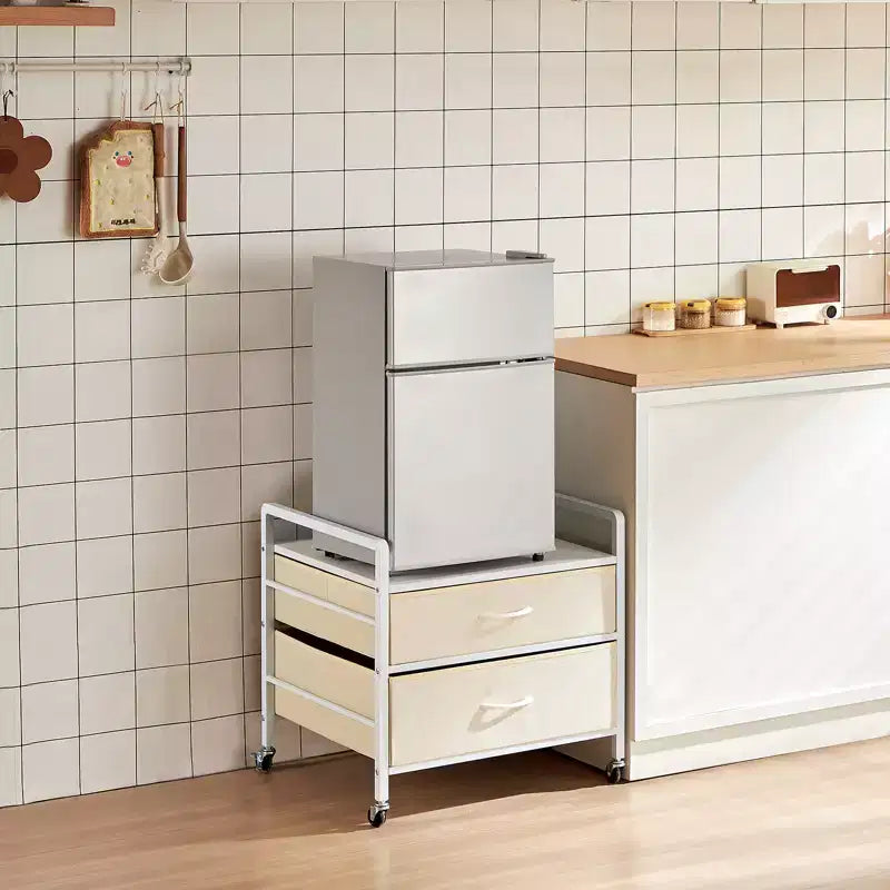 Support pour mini-réfrigérateur VEVOR avec rangement, table pour mini-réfrigérateur de 80 kg avec 2 tiroirs et 4 roulettes pivotantes, étagère mobile pour mini-réfrigérateur, blanc