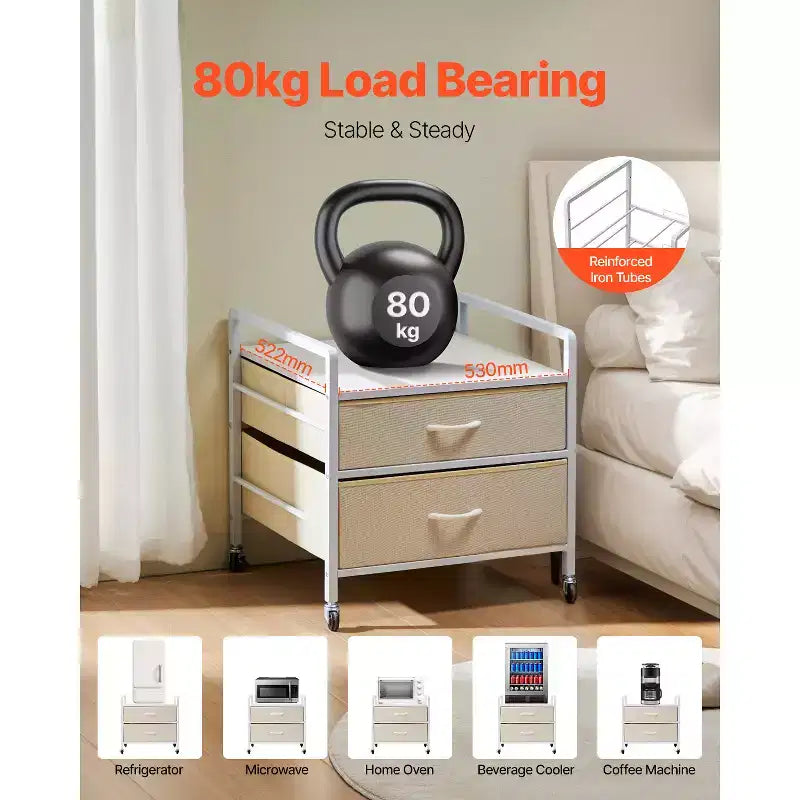 Support pour mini-réfrigérateur VEVOR avec rangement, table pour mini-réfrigérateur de 80 kg avec 2 tiroirs et 4 roulettes pivotantes, étagère mobile pour mini-réfrigérateur, blanc