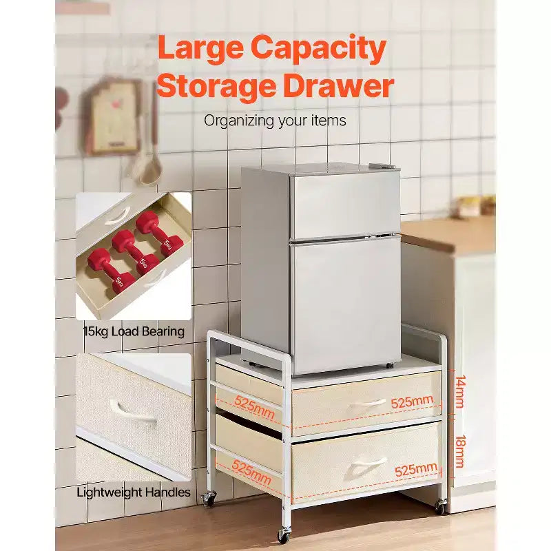 Support pour mini-réfrigérateur VEVOR avec rangement, table pour mini-réfrigérateur de 80 kg avec 2 tiroirs et 4 roulettes pivotantes, étagère mobile pour mini-réfrigérateur, blanc