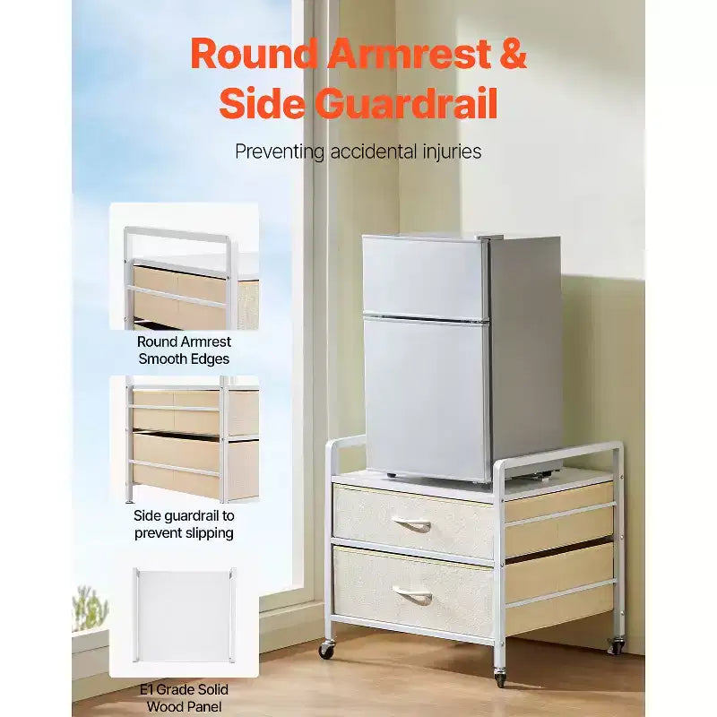 Support pour mini-réfrigérateur VEVOR avec rangement, table pour mini-réfrigérateur de 80 kg avec 2 tiroirs et 4 roulettes pivotantes, étagère mobile pour mini-réfrigérateur, blanc