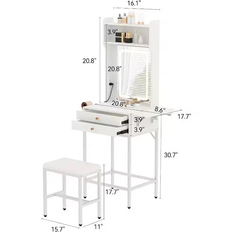 Mini coiffeuse avec miroir, éclairage réglable, support pour sèche-cheveux, idéale pour chambre et appartement