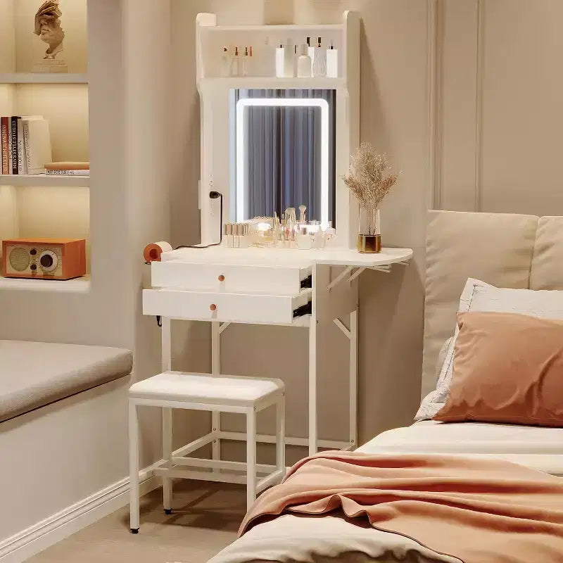 Mini coiffeuse avec miroir, éclairage réglable, support pour sèche-cheveux, idéale pour chambre et appartement