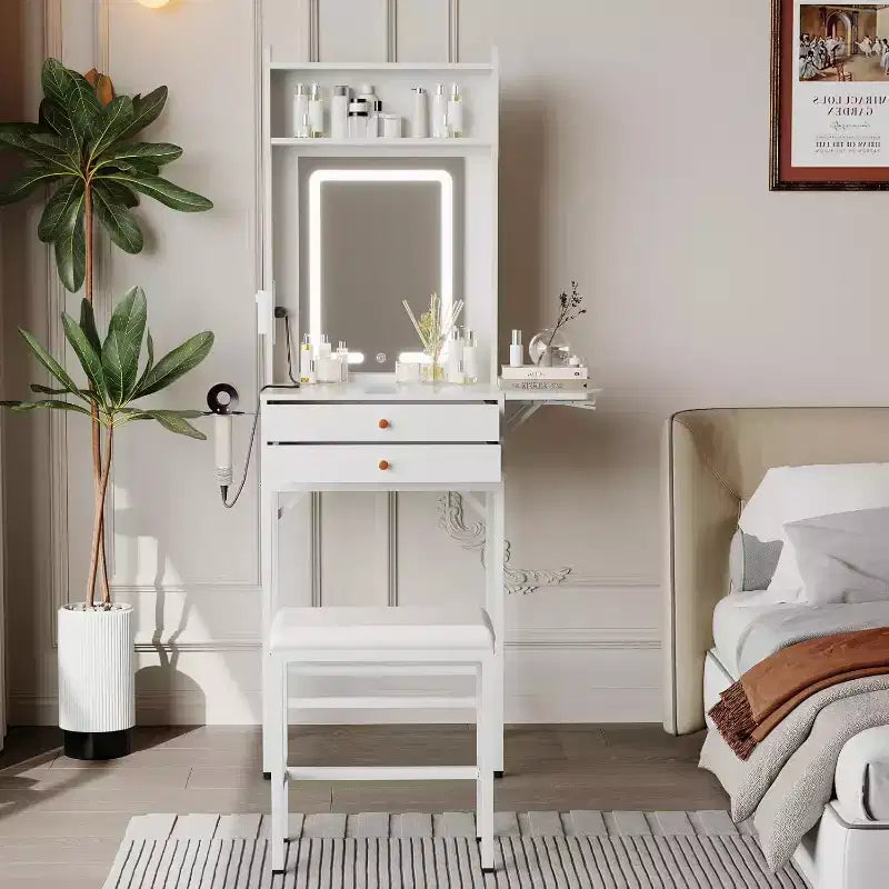 Mini coiffeuse avec miroir, éclairage réglable, support pour sèche-cheveux, idéale pour chambre et appartement