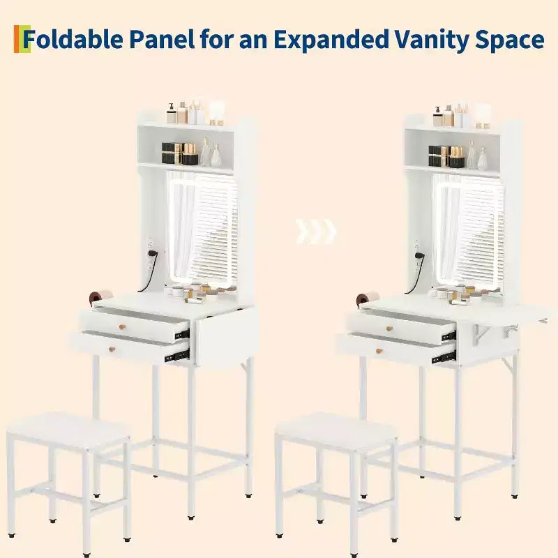 Mini coiffeuse avec miroir, éclairage réglable, support pour sèche-cheveux, idéale pour chambre et appartement
