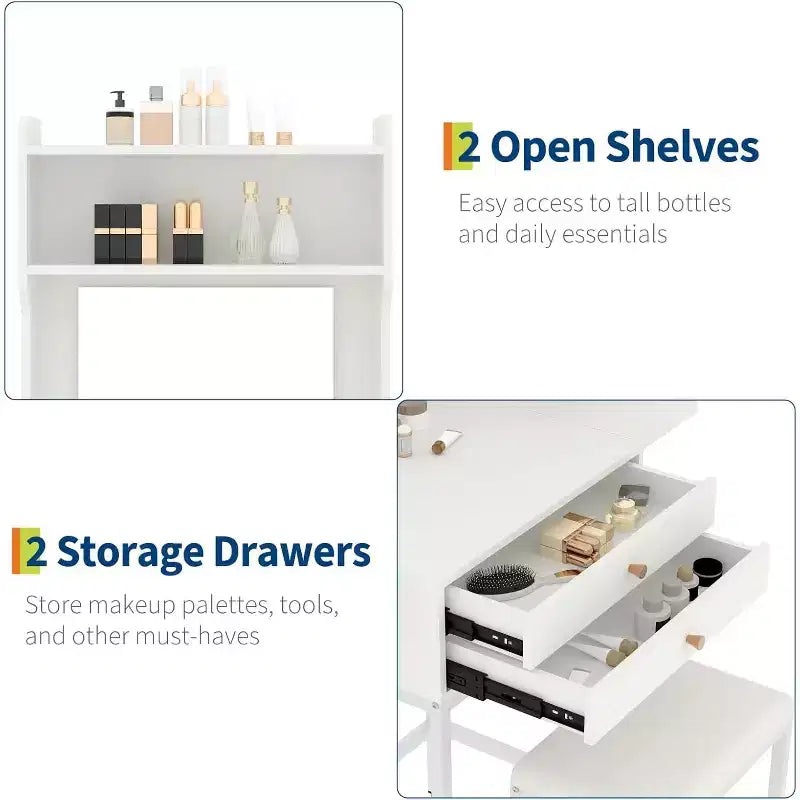 Mini coiffeuse avec miroir, éclairage réglable, support pour sèche-cheveux, idéale pour chambre et appartement