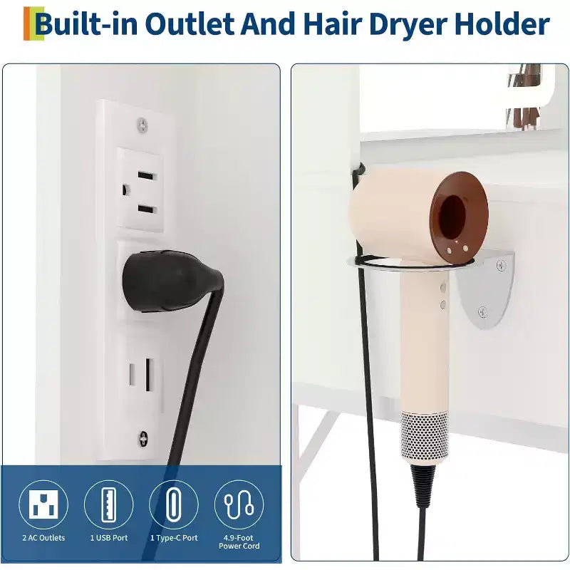 Mini coiffeuse avec miroir, éclairage réglable, support pour sèche-cheveux, idéale pour chambre et appartement
