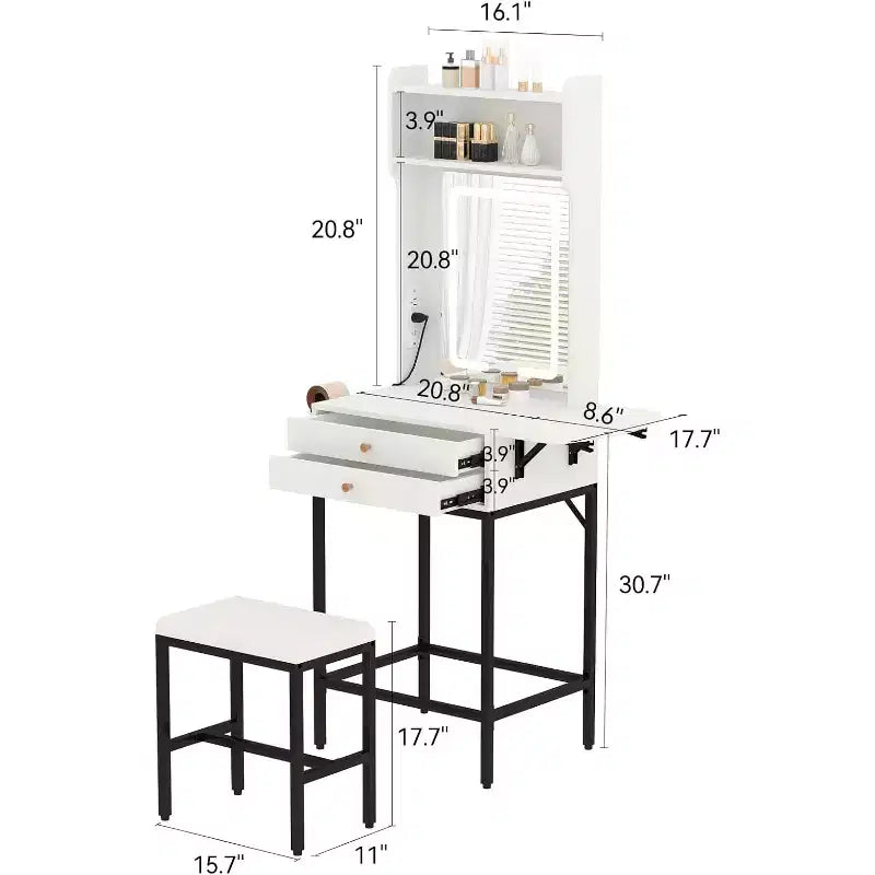 Mini coiffeuse avec miroir, éclairage réglable, support pour sèche-cheveux, idéale pour chambre et appartement