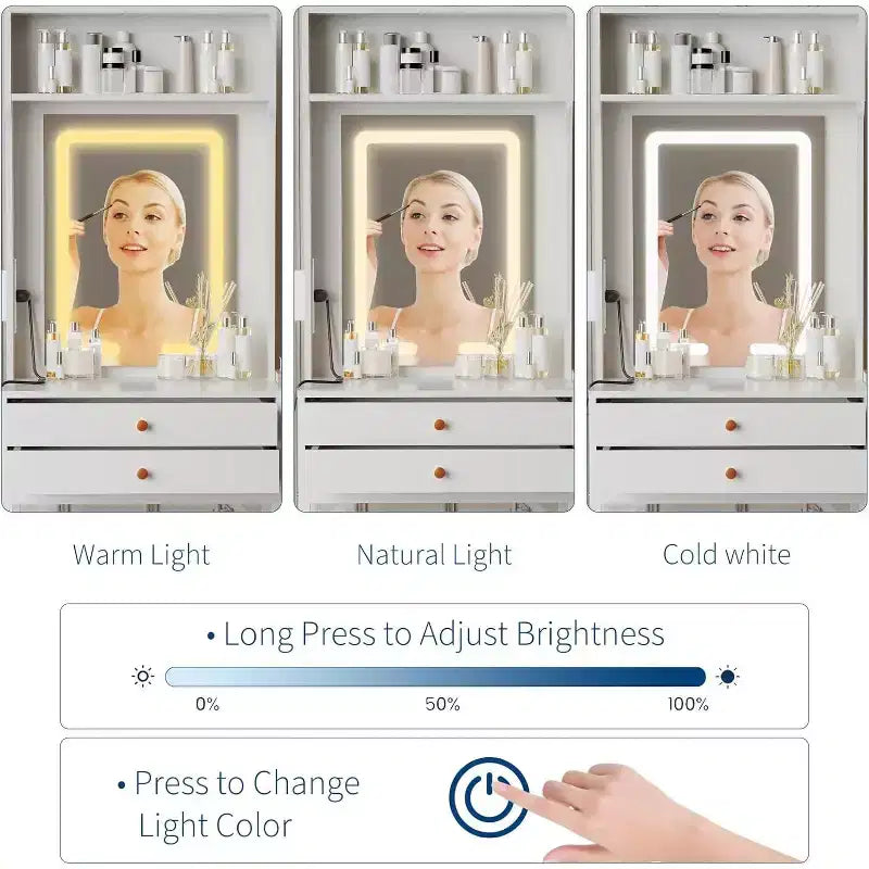 Mini coiffeuse avec miroir, éclairage réglable, support pour sèche-cheveux, idéale pour chambre et appartement