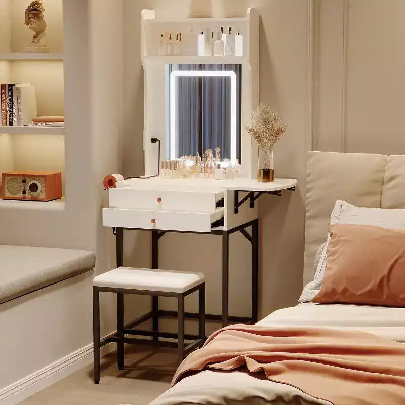 Mini coiffeuse avec miroir, éclairage réglable, support pour sèche-cheveux, idéale pour chambre et appartement