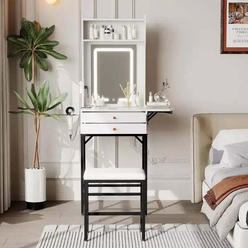 Mini coiffeuse avec miroir, éclairage réglable, support pour sèche-cheveux, idéale pour chambre et appartement