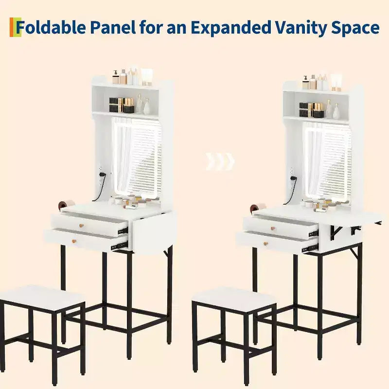 Mini coiffeuse avec miroir, éclairage réglable, support pour sèche-cheveux, idéale pour chambre et appartement