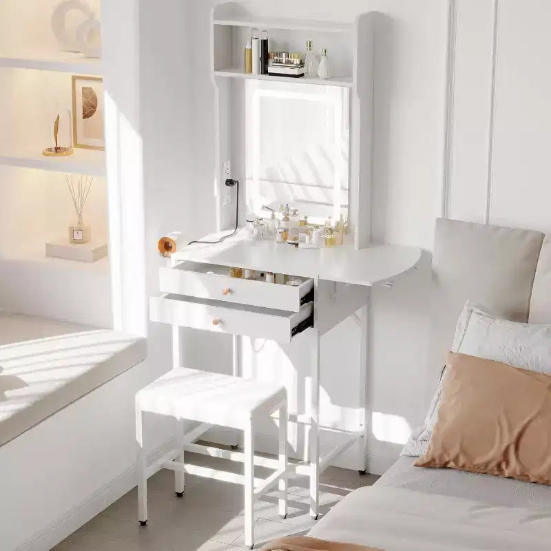 Mini coiffeuse avec miroir, éclairage réglable, support pour sèche-cheveux, idéale pour chambre et appartement