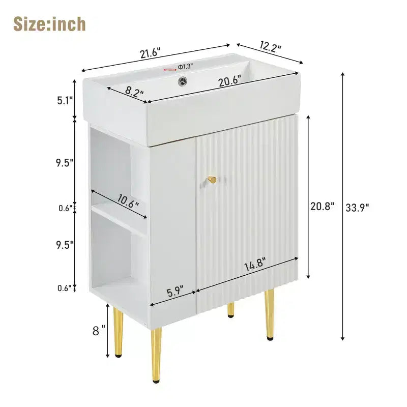 Meuble de rangement pour salle de bain Okak 21.6, meuble-lavabo avec étagères latérales gauches, meuble de rangement au sol avec évier en céramique