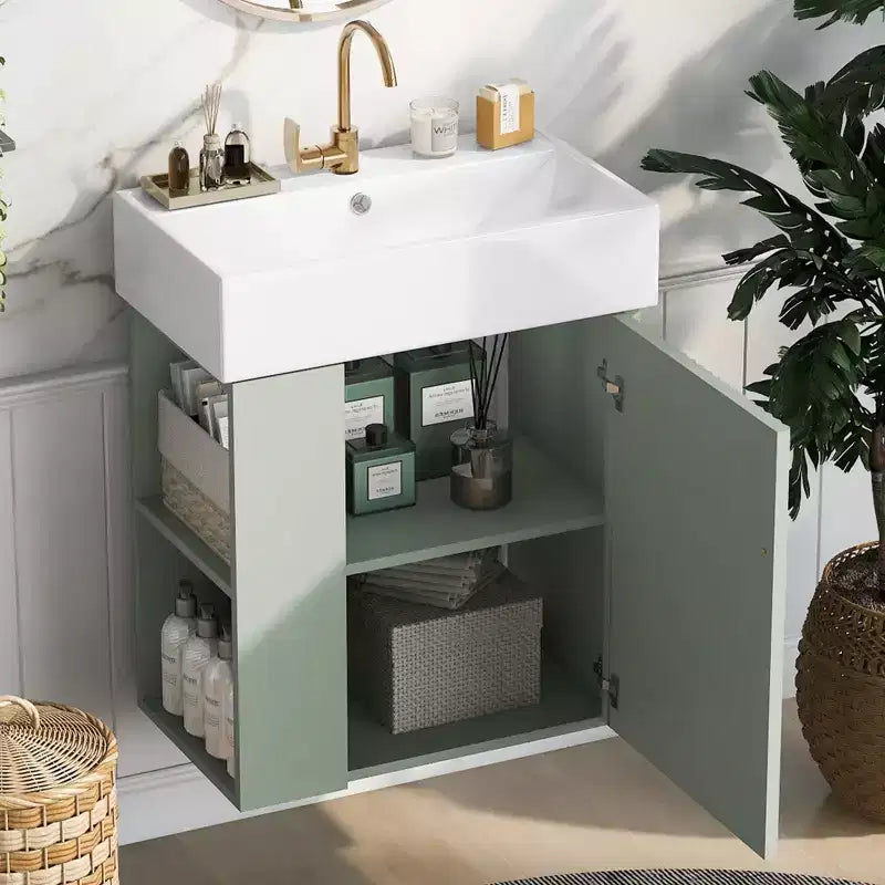 Meuble de rangement pour salle de bain Okak 21.6, meuble-lavabo avec étagères latérales gauches, meuble de rangement au sol avec évier en céramique