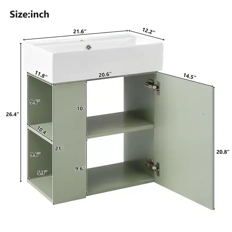 Meuble de rangement pour salle de bain Okak 21.6, meuble-lavabo avec étagères latérales gauches, meuble de rangement au sol avec évier en céramique