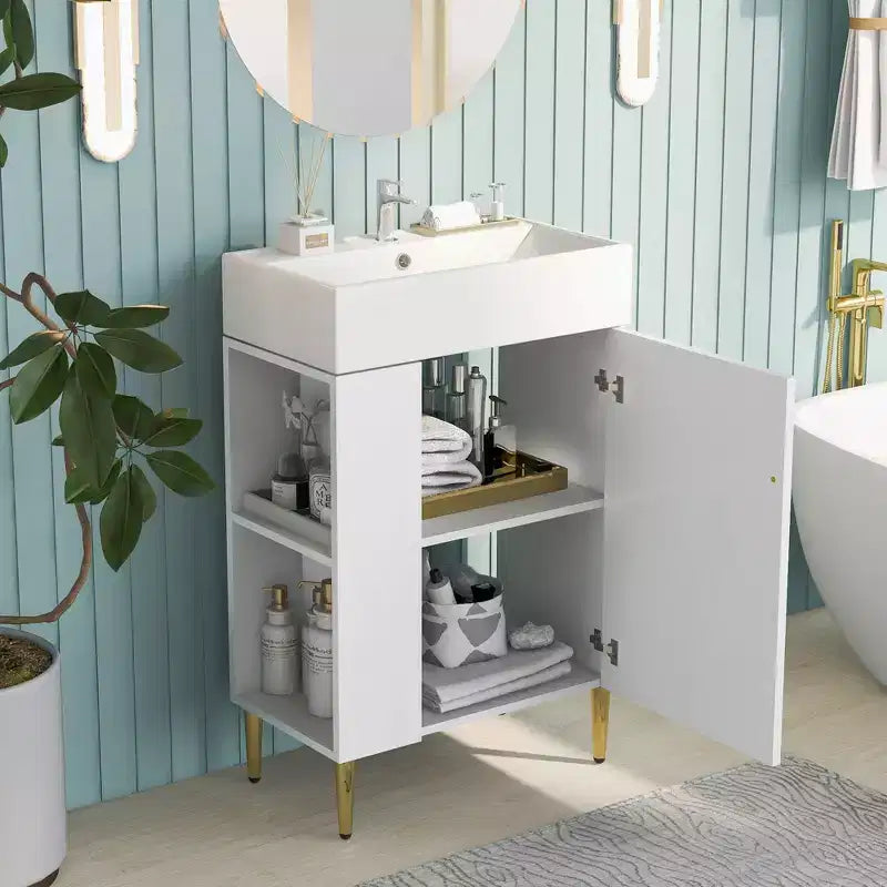 Meuble de rangement pour salle de bain Okak 21.6, meuble-lavabo avec étagères latérales gauches, meuble de rangement au sol avec évier en céramique