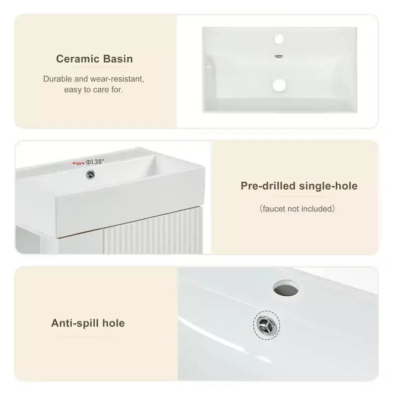 Meuble de rangement pour salle de bain Okak 21.6, meuble-lavabo avec étagères latérales gauches, meuble de rangement au sol avec évier en céramique