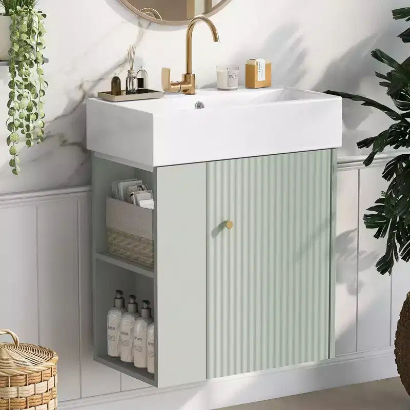 Meuble de rangement pour salle de bain Okak 21.6, meuble-lavabo avec étagères latérales gauches, meuble de rangement au sol avec évier en céramique