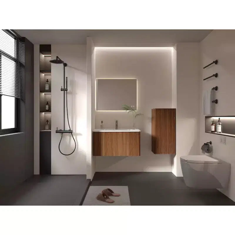 Meuble de Salle de Bain Mural à Rayures Okak Chic, Armoire de Rangement Suspendue avec 3 Étagères, Meuble Haut pour Salle de Bain, Chambre et Salon
