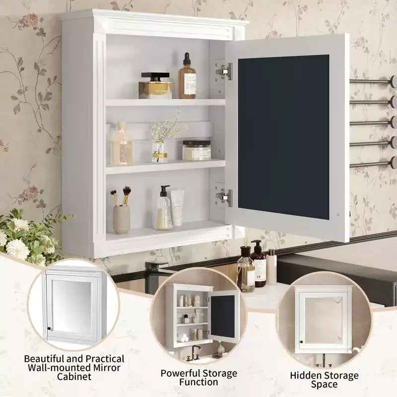 Meuble de rangement mural de salle de bain Okak avec miroir, armoire à pharmacie avec étagère réglable en hauteur, blanc