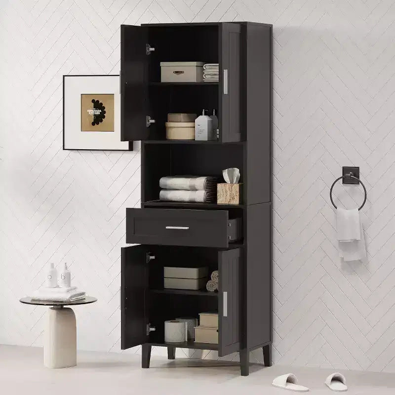 Meuble de Rangement de Salle de Bain Okak avec 2 Portes, 1 Tiroir et Étagères Réglables, Meuble Haut Autoportant pour Salle de Bain