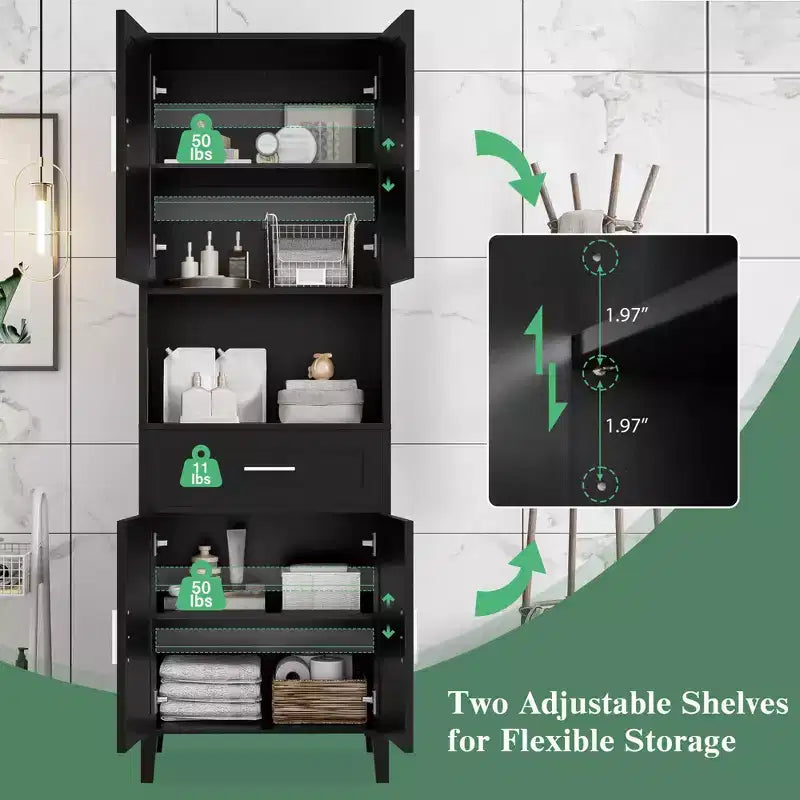 Meuble de Rangement de Salle de Bain Okak avec 2 Portes, 1 Tiroir et Étagères Réglables, Meuble Haut Autoportant pour Salle de Bain