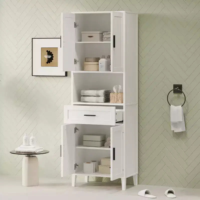 Meuble de Rangement de Salle de Bain Okak avec 2 Portes, 1 Tiroir et Étagères Réglables, Meuble Haut Autoportant pour Salle de Bain