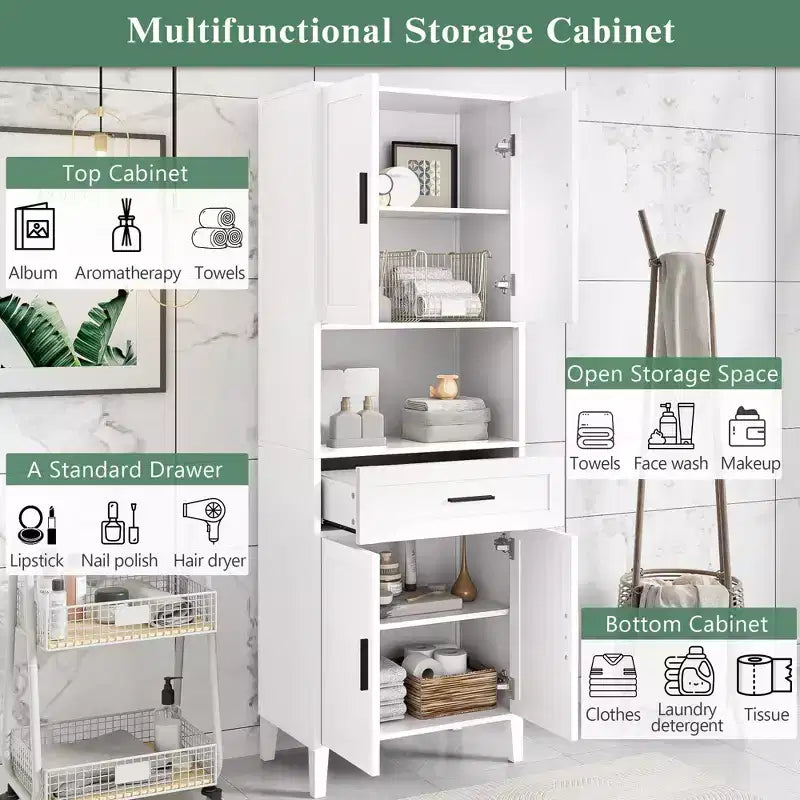 Meuble de Rangement de Salle de Bain Okak avec 2 Portes, 1 Tiroir et Étagères Réglables, Meuble Haut Autoportant pour Salle de Bain