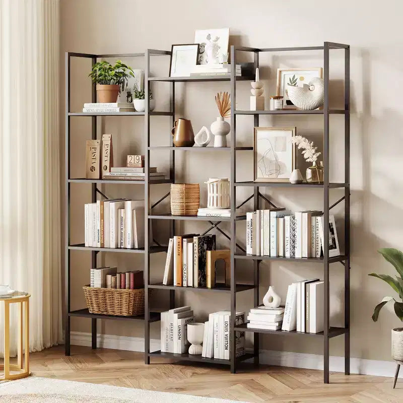 Bibliothèque à 5 niveaux, grande étagère avec 14 casiers ouverts, étagère à cadre métallique réglable, grande étagère pour salon et bureau à domicile