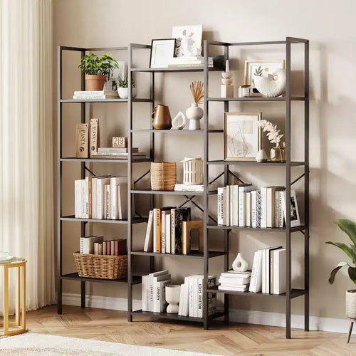 Bibliothèque à 5 niveaux, grande étagère avec 14 casiers ouverts, étagère à cadre métallique réglable, grande étagère pour salon et bureau à domicile