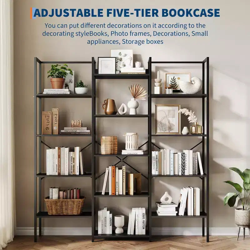 Bibliothèque à 5 niveaux, grande étagère avec 14 casiers ouverts, étagère à cadre métallique réglable, grande étagère pour salon et bureau à domicile