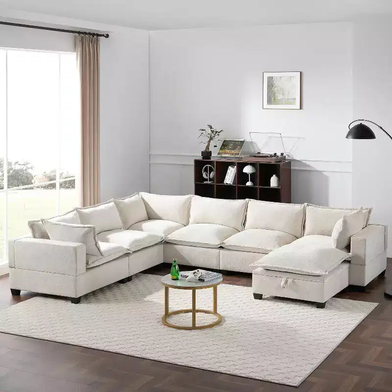 Canapé modulable en U surdimensionné à 7 places Polibi avec pouf de rangement