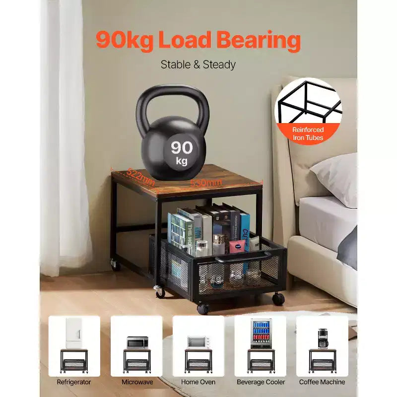 Support de Mini-Réfrigérateur VEVOR avec Rangement, Table pour Mini-Réfrigérateur 90 kg avec Chariot de Rangement Mobile et Roues Pivotantes, Support de Réfrigérateur à Boissons, Marron Clair