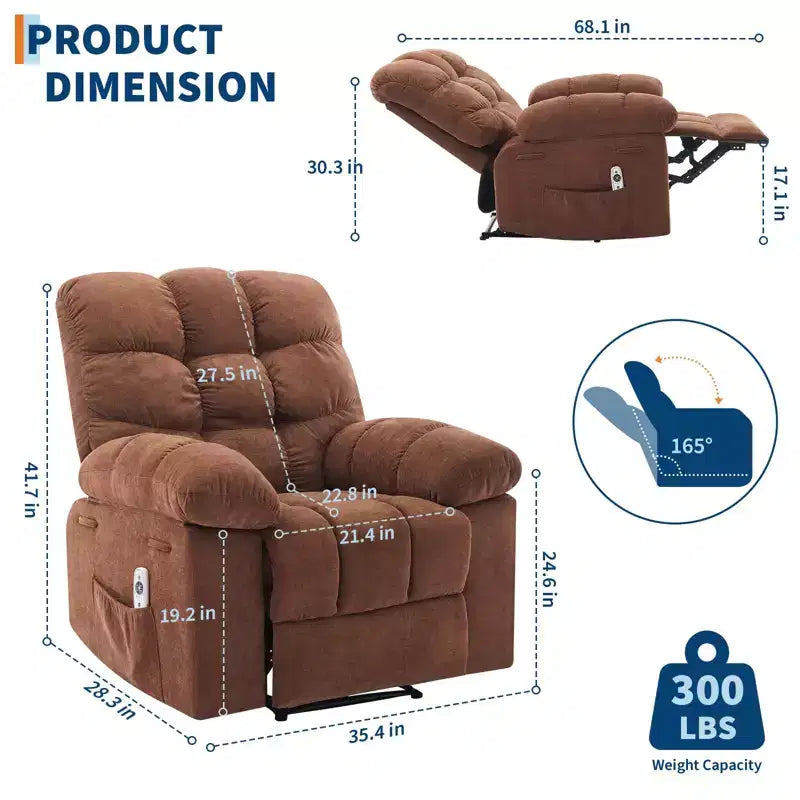 Fauteuil inclinable, large fauteuil à bascule, fauteuil d'appoint avec massage et chaleur, fauteuil inclinable ergonomique en tissu respirant surdimensionné avec chaleur