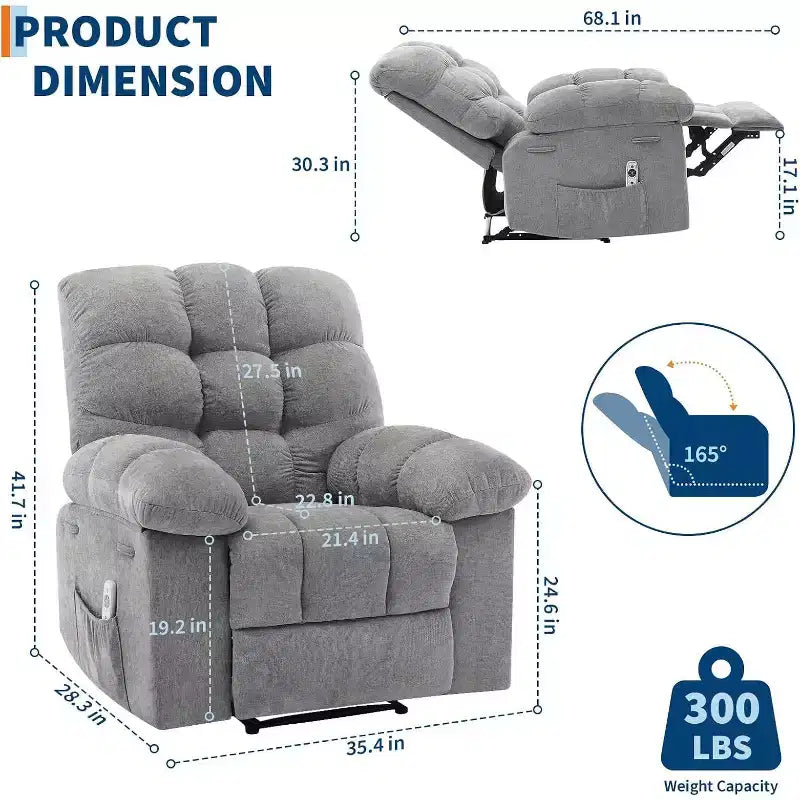 Fauteuil inclinable, large fauteuil à bascule, fauteuil d'appoint avec massage et chaleur, fauteuil inclinable ergonomique en tissu respirant surdimensionné avec chaleur