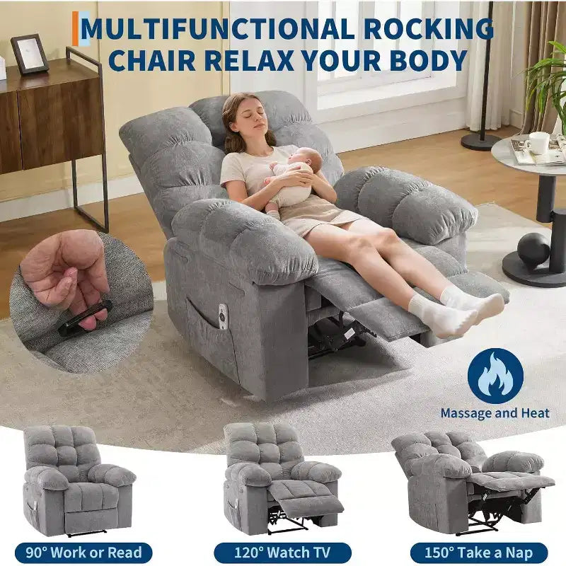 Fauteuil inclinable, large fauteuil à bascule, fauteuil d'appoint avec massage et chaleur, fauteuil inclinable ergonomique en tissu respirant surdimensionné avec chaleur